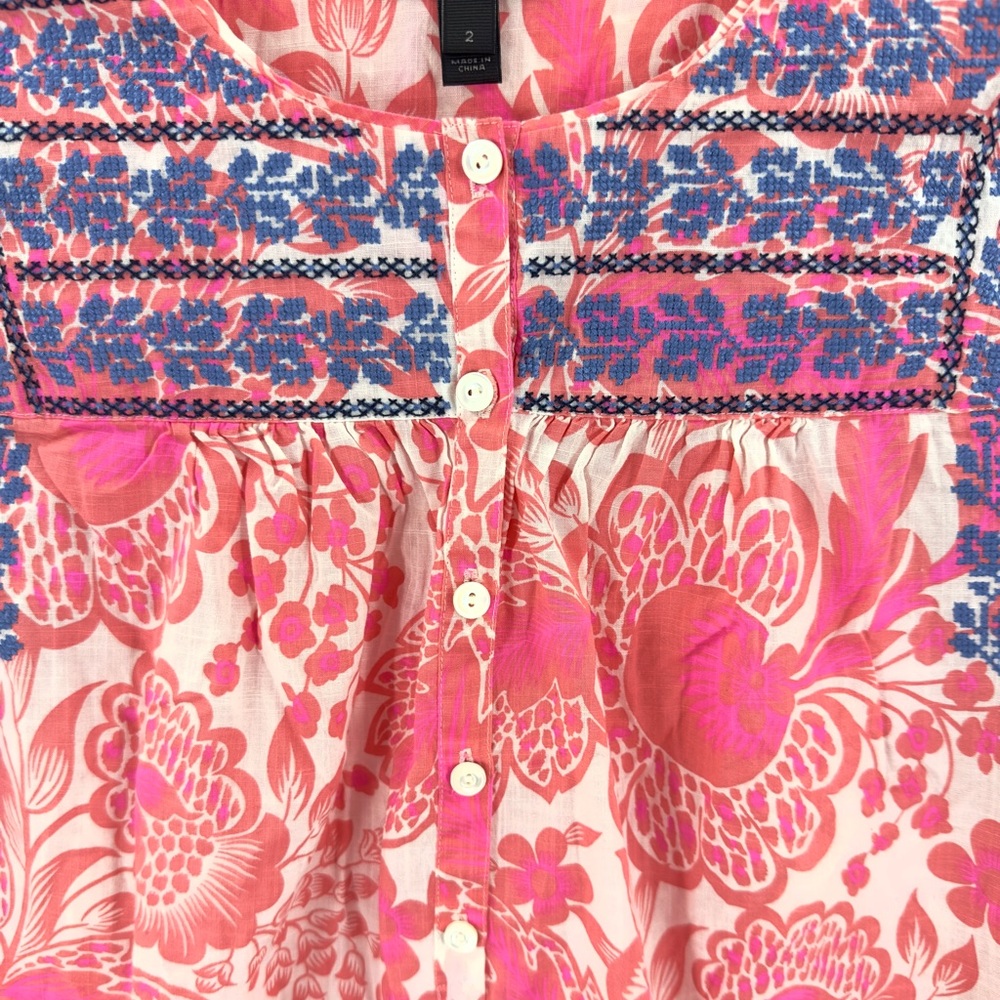J Crew Floral Embroidered Blouse Top Womens Size 2 Tropical Peasant Boho Cotton - Picture 5 of 13